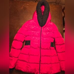 Guess Woman Bright Red Puffer Coat with Black Accents
